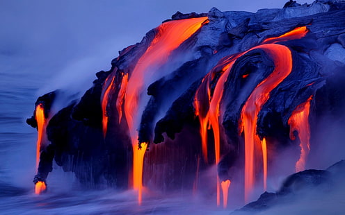 red and blue wallpaper, lava, landscape, long exposure, nature, volcano, smoke, water, sea, volcanic eruption, HD wallpaper HD wallpaper