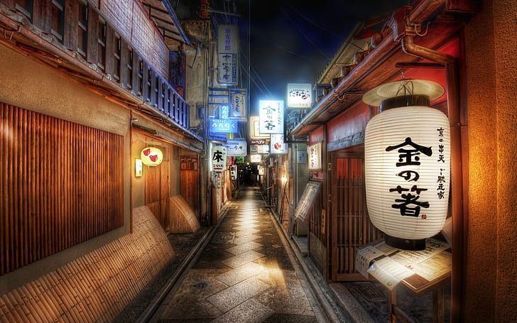 Chine, rues anciennes, nuit, ruelle, lanterne japonaise blanche et noire, Chine, rues anciennes, nuit, ruelle, Fond d'écran HD