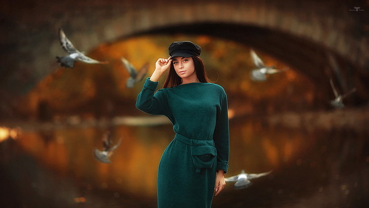 женщины, Дмитрий Архар, портрет, платье, мост, птицы, зеленое платье, HD обои