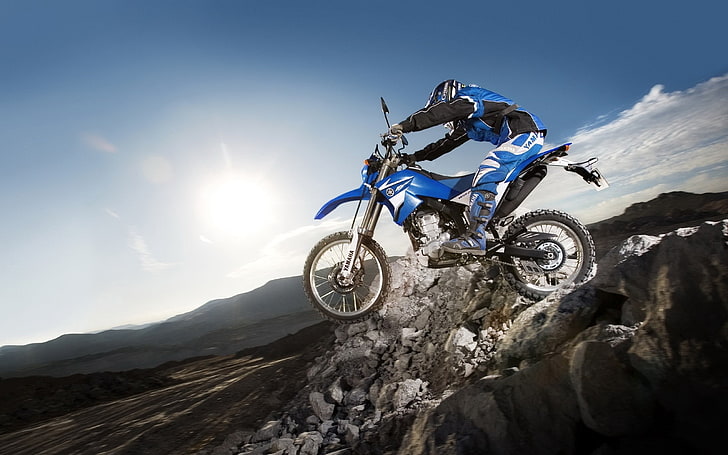 man riding on dirt bike photo, motorcycle, stones, extreme, yamaha, dark blue, HD wallpaper