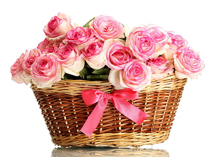 pink roses, roses, bouquets, basket, pink, HD wallpaper HD wallpaper