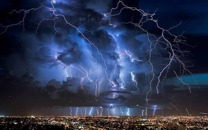Storm, Lightning, City, Night, Lights, Nature, storm, lightning, city, night, lights, nature, HD wallpaper