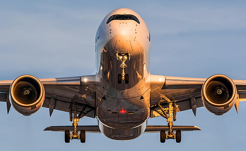 Airbus A350, vitt flygplan, motorer, flygplan, finnair, airbus, a350, solnedgång, ljus, plan, luftfart, nikon, HD tapet HD wallpaper