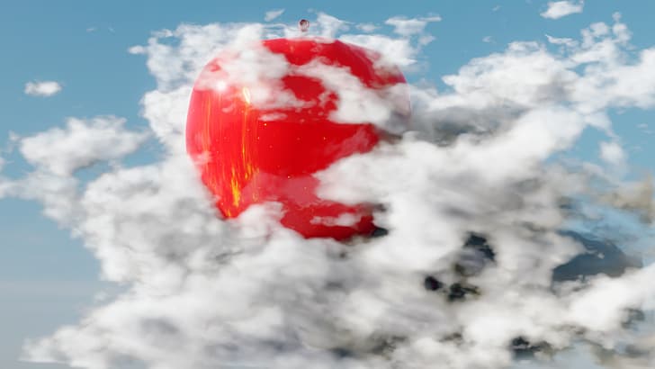 red apple, clouds, Blender, 3D graphics, 3D Abstract, abstract, fruit, sky, HD wallpaper