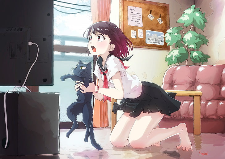 gadis anime, anime, kucing, seragam sekolah, Wallpaper HD