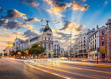 hiszpania, madryt, budynki, architektura, chmury, droga, niebo, miasto, Tapety HD HD wallpaper