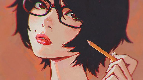 flicka som bär glasögon som håller penna, Ilya Kuvshinov, teckning, tecknad film, glasögon, HD tapet HD wallpaper