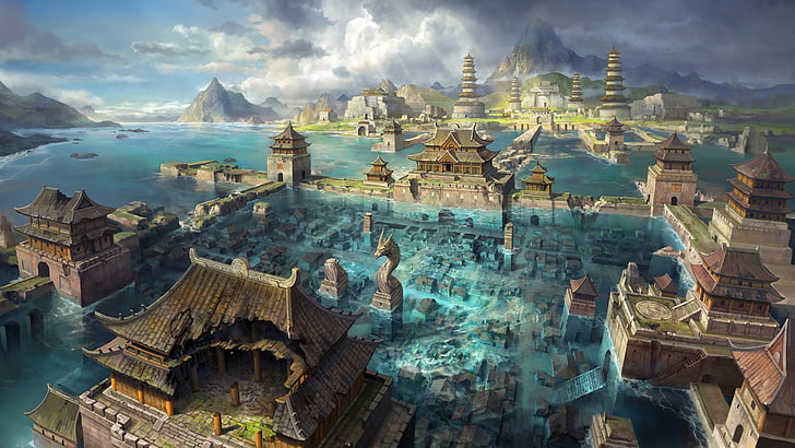 cidade asiática, mundo de fantasia, inundação, nuvens, trabalho artístico, castelo, estátua, dragão, fantasia, HD papel de parede