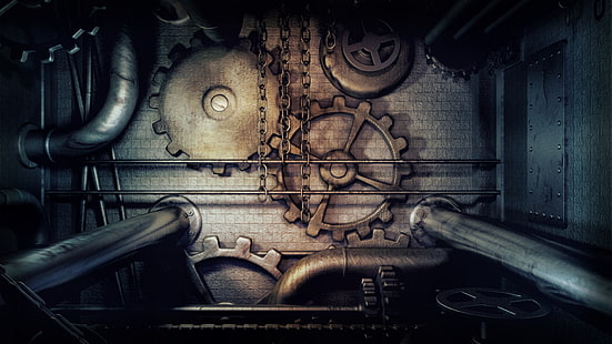 ketten, dunkel, zahnräder, maschine, rohre, steampunk, HD-Hintergrundbild HD wallpaper