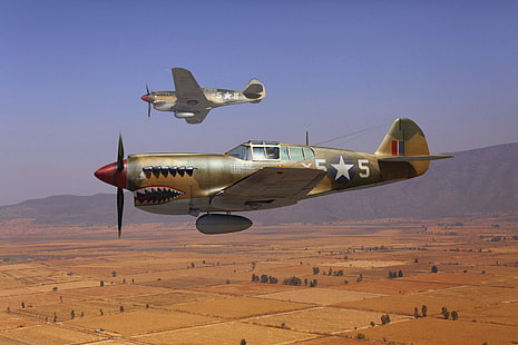 dwie szare tapety cyfrowe samolotów, niebo, sztuka, myśliwce, RAF, II wojna światowa, amerykańska, Curtiss P-40, (