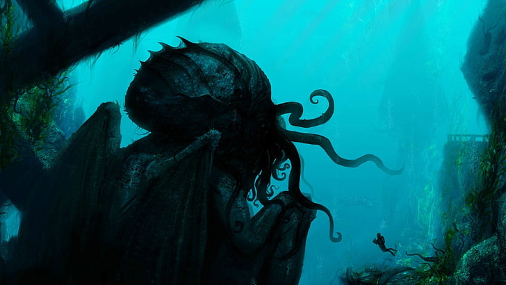 black octopus wallpaper, Cthulhu, fantasy art, divers, creature, HD wallpaper