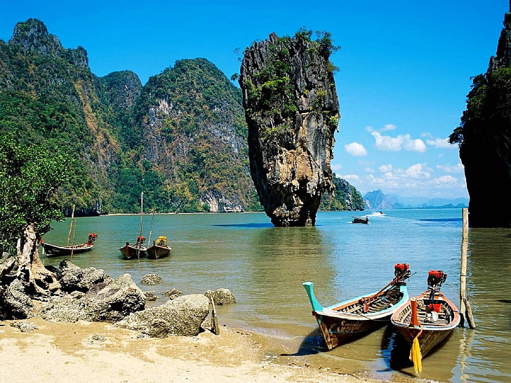 deux canoës bruns, thaïlande, plage, tropical, mer, bateaux, Fond d'écran HD