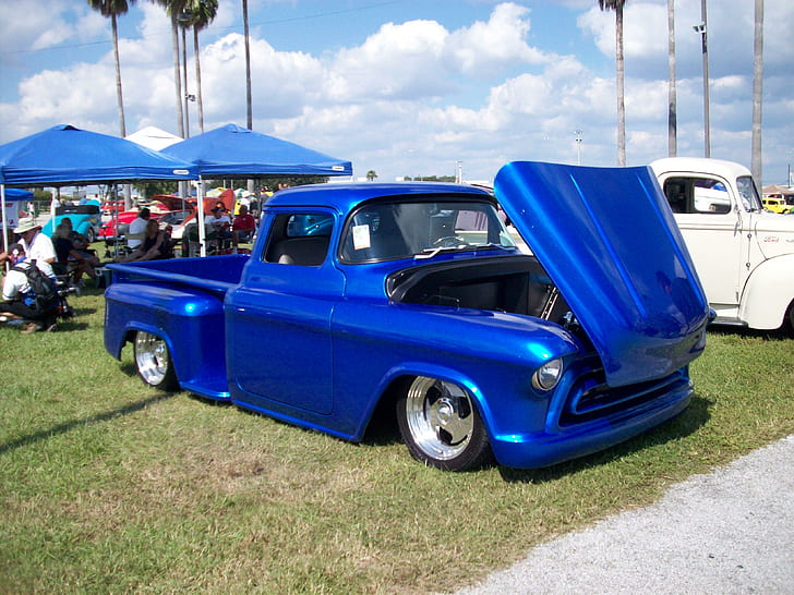 Customized Chevy Truck, blue, classic, bowtie, HD wallpaper