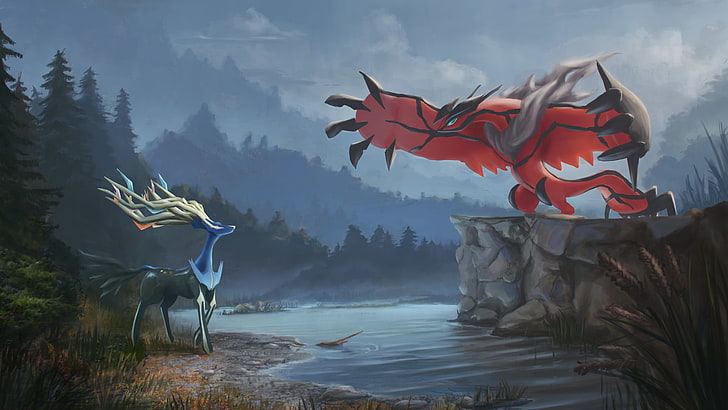Hintergrundbild mit zwei Anime-Charakteren, zwei Pokémon-Illustrationen, Pokémon, HD-Hintergrundbild