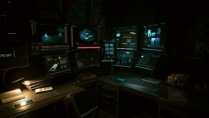 Cyberpunk 2077, видеоигры, искусство видеоигр, скриншот, темно, компьютер, клавиатуры, лампа, Таблица, микрочип, Кибер, HD обои