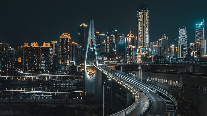 miasto, światła, Chiny, most, noc, Azja, Chongqing, Tapety HD