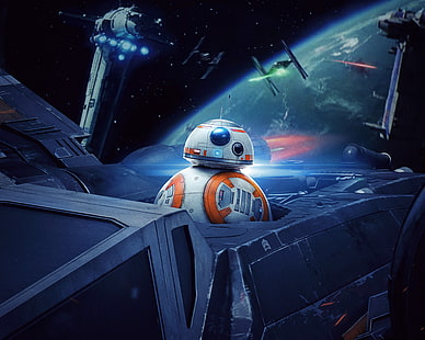 BB-8 illustration, Star Wars, BB-8, TIE Fighter, spaceship, futuristic, X-wing, HD wallpaper HD wallpaper