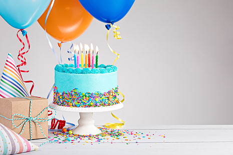 blauer Fondant-bedeckter Kuchen, Ballone, Geburtstag, bunt, Kuchen, alles Gute zum Geburtstag, Feier, Kerzen, Dekoration, HD-Hintergrundbild HD wallpaper