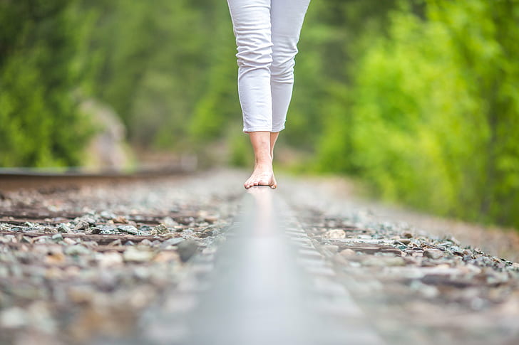 person walking while leaning on gray line, Where It All Begins, person, gray line, Glendale, Southern Oregon, USA, United States of America, spouse, train tracks, wife, outdoors, women, females, one Person, nature, people, human Leg, healthy Lifestyle, lifestyles, adult, HD wallpaper