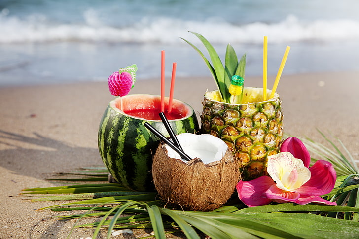 cocktail, anguria, ananas, spiaggia, tropicale, noce di cocco, bevande, cibo, Sfondo HD