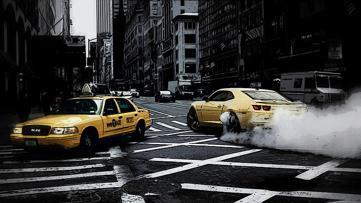 yellow coupe, car, New York City, taxi, street, HD wallpaper