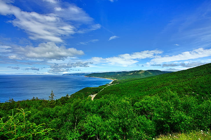 birds eye view mountain and ocean  during day time, Cabot Trail, HDR, birds eye view, mountain, ocean, day, time, angle, cabot, canada, canadian, cape, cloud, clouds, coast, coastal, colorful, colourful, cyan, dynamic, high, image, landscape, natural, nature, nova, photo, photograph, picture, range, resource, scene, scenery, scenic, scotia  sea, stock, tourism, trail, travel, tree, water, white, wide-angle, sea, summer, coastline, blue, beach, scenics, HD wallpaper