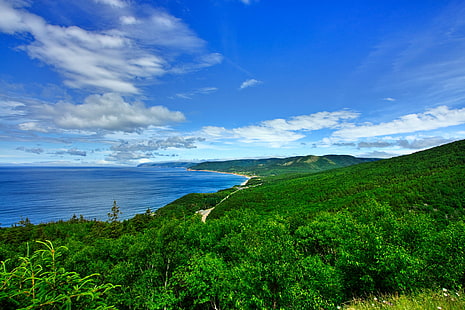 birds eye view mountain and ocean  during day time, Cabot Trail, HDR, birds eye view, mountain, ocean, day, time, angle, cabot, canada, canadian, cape, cloud, clouds, coast, coastal, colorful, colourful, cyan, dynamic, high, image, landscape, natural, nature, nova, photo, photograph, picture, range, resource, scene, scenery, scenic, scotia  sea, stock, tourism, trail, travel, tree, water, white, wide-angle, sea, summer, coastline, blue, beach, scenics, HD wallpaper HD wallpaper
