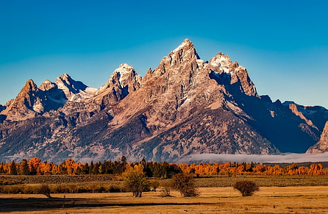 Grand Teton National Park, snow-covered mountain, United States, Wyoming, Travel, Nature, Colorful, Beautiful, Landscape, Autumn, Trees, Forest, Mountains, Woods, Outdoors, Holiday, Clouds, Fall, Scenic, Rural, Wilderness, Country, Vacation, grandteton, nationalpark, destinations, HD wallpaper HD wallpaper