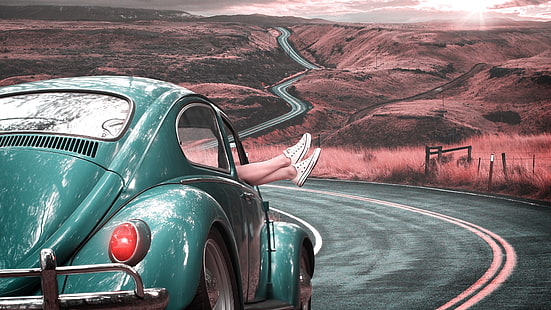 volkswagen, volkswagen beetle, road, legs, classic car, vintage car, HD wallpaper HD wallpaper
