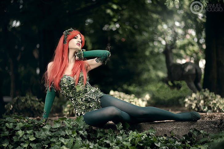 women's green strapless blouse and black stockings outfit, Poison Ivy cosplay sitting on the ground, women, cosplay, leaves, HD wallpaper