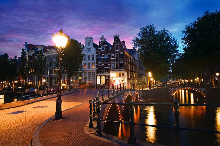 Noche, la ciudad, casa, iluminación, Amsterdam, luces, canal, Países Bajos,  Fondo de pantalla HD | Wallpaperbetter