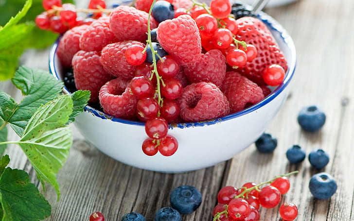 food, lunch, colorful, raspberries, fruit, blueberries, bowls, HD wallpaper
