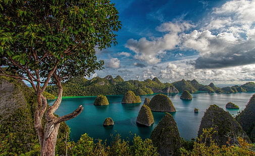 산 구름 숲 열대 라자 ampat 인도네시아 섬 바다 나무 해변 이국적인 자연 녹색 청록색 화이트 블루 풍경, HD 배경 화면 HD wallpaper