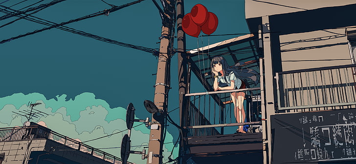 karakter anime wanita berambut hitam, gadis anime, balon, wanita, langit, Wallpaper HD