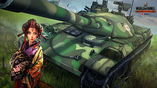 girl, Japanese, figure, art, tank, average, World of Tanks, STB-1, Nikita Bolyakov, HD wallpaper HD wallpaper