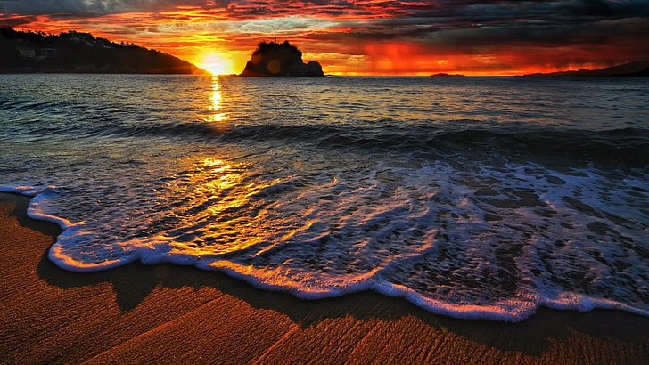 matahari terbenam, pantai, laut, busa, horizon, air, langit, ombak, samudra, pantai, tenang, malam, ombak berbusa, Wallpaper HD