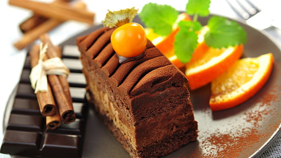 Dessert food, chocolate cake, orange slice, Dessert, Food, Chocolate, Cake, Orange, Slice, HD wallpaper HD wallpaper