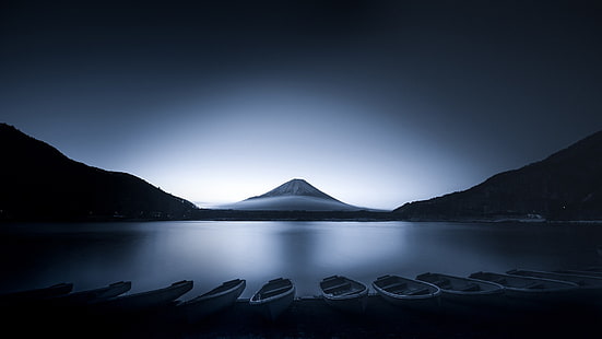 горы, пейзаж, лодка, вода, природа, озеро, гора Фудзи, восход солнца, Япония, HD обои HD wallpaper