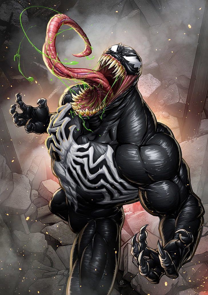 Fondo de pantalla digital Marvel Venom, Patrick Brown, Venom, niebla, chispas, lenguas, dientes, garras, simbionte, musculoso, Spider-Man, Marvel Comics, Fondo de pantalla HD, fondo de pantalla de teléfono