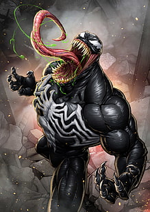 Tapeta cyfrowa Marvel Venom, Patrick Brown, Venom, mgła, iskry, języki, zęby, pazury, symbiot, muskularny, Spider-Man, Marvel Comics, Tapety HD HD wallpaper