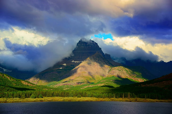 Parque Nacional Geleira, EUA, As Montanhas Rochosas, Montana, EUA, Parque Nacional Geleira, Monte Wilbur, Montanha, floresta, Lago, céu, nuvens, HD papel de parede