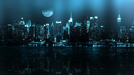 ニューヨーク市の夜景の青いネオン照明Hd壁紙、 HDデスクトップの壁紙 HD wallpaper