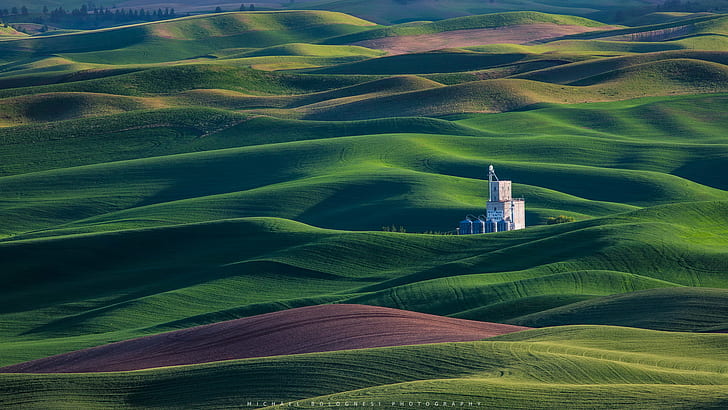 green gills with building during daytime, Whitman County, Growers, gills, building, daytime, Green  Hills, Landscapes, PNW, Tour, Palouse, Silo, Singh-Ray, LB, Polarizer, Sidelight, agriculture, field, rural Scene, nature, hill, landscape, farm, HD wallpaper