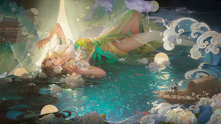 Mitu san, anime girls, looking at viewer, water, looking up, lying on back, lying down, long hair, brunette, thigh-highs, dress, green dress, flowers, waves, birds, Asian architecture, boat, fish, koi fish, koi, sphere, clouds, jewelry, bracelets, hair ornament, beads, HD wallpaper
