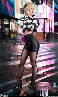 Gwen Stacy, Marvel Comics, Spider-Man: Into the Spider-Verse, süper kahramanlar, gündelik, sarışın, kazak, çizgili kazaklar, mini etek, külotlu çorap, tayt, profil, sokak, 2D, sanat eseri, çizim, illüstrasyon, fan sanat, Aroma Sensei, HD masaüstü duvar kağıdı HD wallpaper