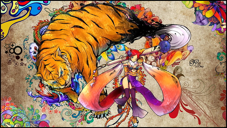 Snyp, anime, colorido, personagens originais, anime meninas, tigre, fantasia arte, HD papel de parede