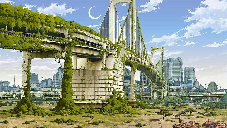 произведение искусства, аниме, природа, апокалипсис, город, Япония, фэнтези-арт, HD обои