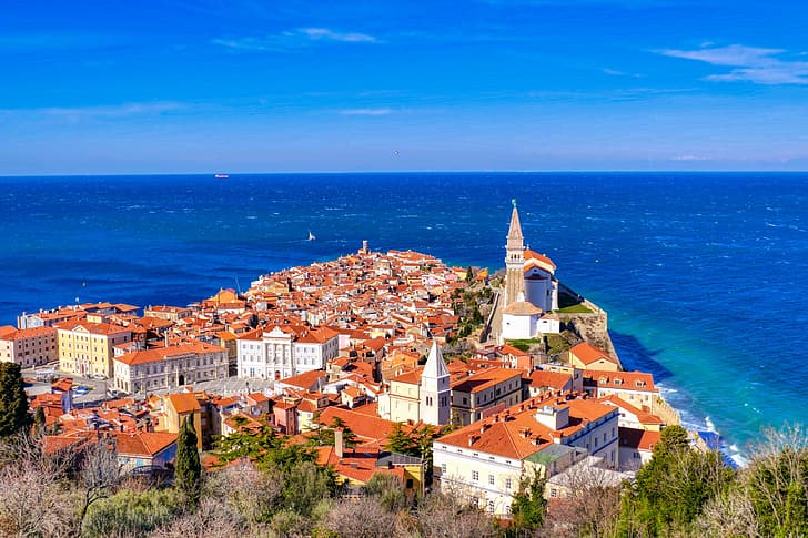 sea, building, home, panorama, Piran, Slovenia, The Adriatic sea, Adriatic Sea, HD wallpaper