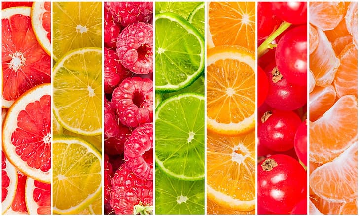 jagody, maliny, cytryny, pomarańczy, limonki, cytrusy, owoce, porzeczki, witaminy, grejpfruty, plastry, mandarynka, Tapety HD