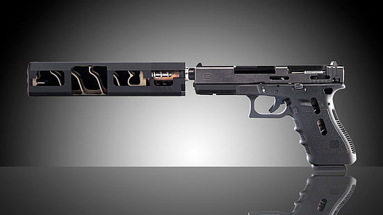 черный полуавтоматический пистолет, пистолет, оружие, глушитель, самозарядный, Glock 20, HD обои HD wallpaper